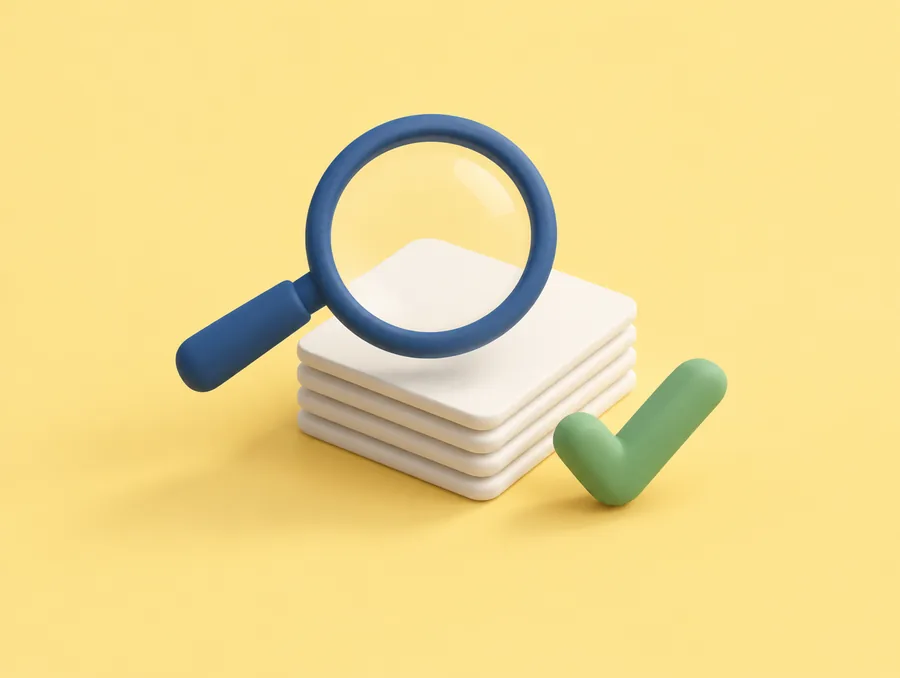 Clay illustration: a magnifying glass over a stack of pages with a check mark