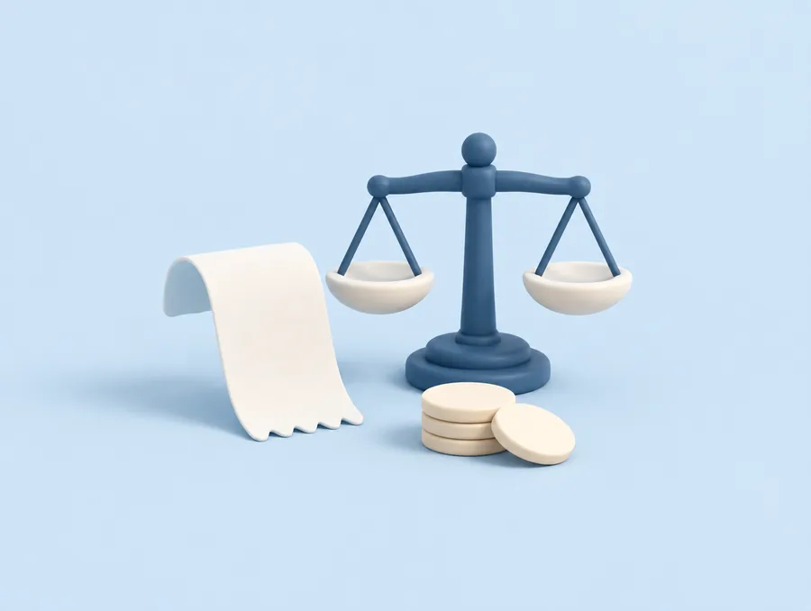 Clay illustration: a balance scale weighing coins against a receipt